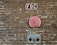 A brick wall features fire department connections including a red 'FDC' sign at the top, a circular pink 'Sprinkler Alarm' cover in the middle, and a metal auto sprinkler connection with two openings at the bottom.