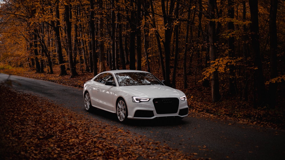 a white car driving down a road surrounded by trees