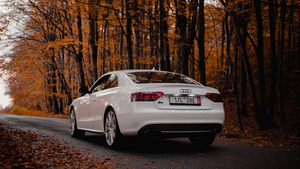 a white car parked on the side of a road