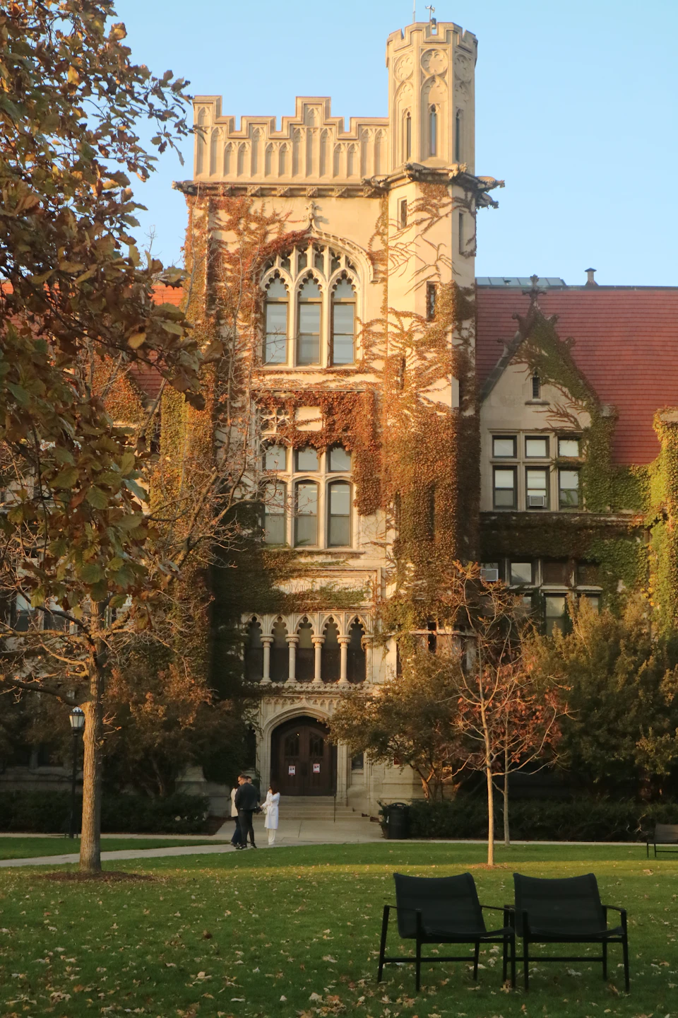 Large ornate stone building with tall tower and multiple windows surrounded by trees