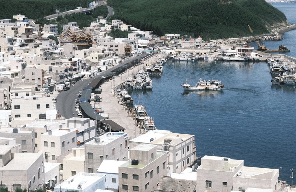 a view of a harbor with boats in the water