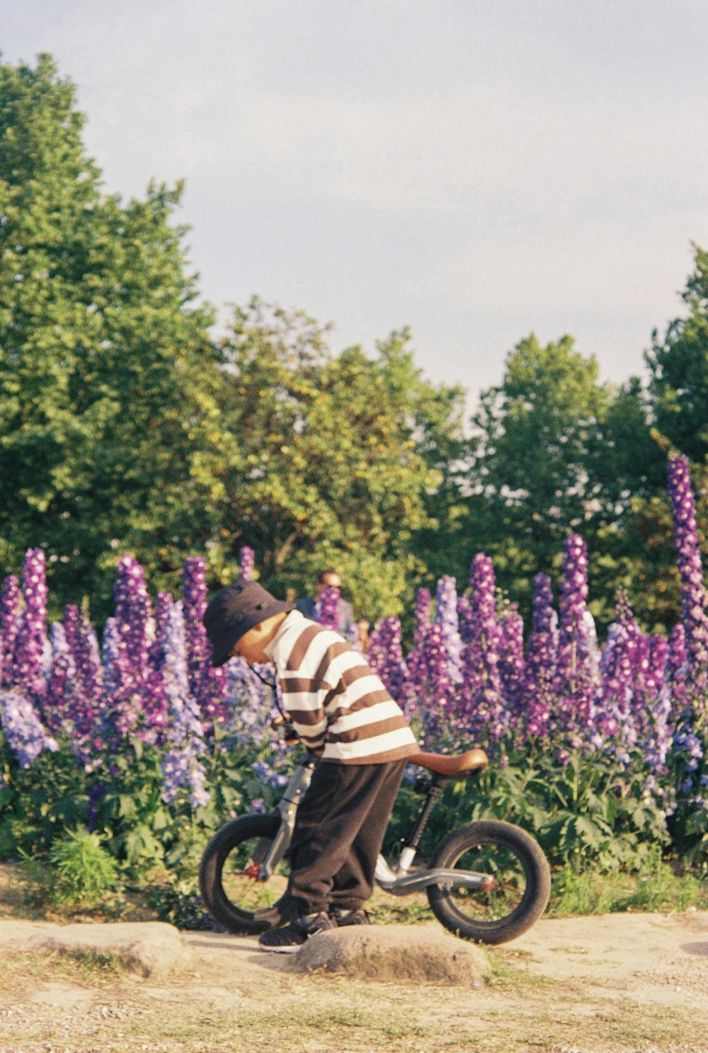a young boy riding a small bike in a field of flowers