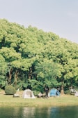 A serene outdoor scene with several tents pitched on a grassy area adjacent to a body of water. Lush green trees form a canopy in the background, providing shade and an inviting natural backdrop. People are seen engaging in leisure activities near the tents, enjoying a peaceful day in nature.