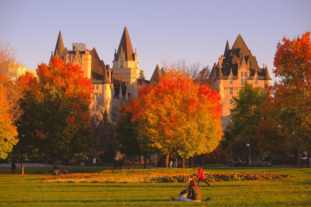 a group of people sitting in a field in front of a castle