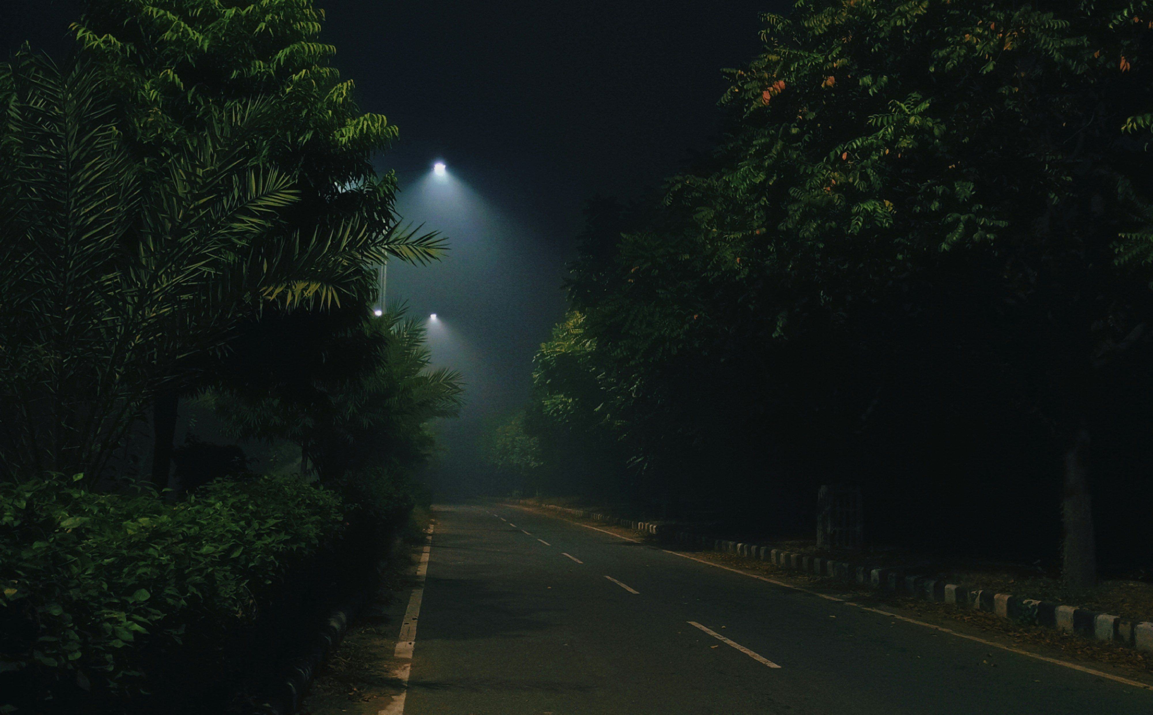 a dark street with a street light in the middle of it