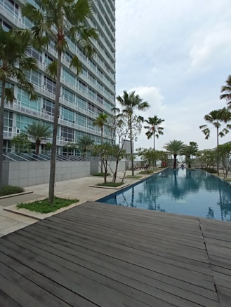 A modern high-rise building with glass windows stands alongside a long, rectangular swimming pool. Palm trees and neatly landscaped greenery line the walkway, creating a serene and upscale environment. A wooden deck area is visible in the foreground, and the sky is overcast.