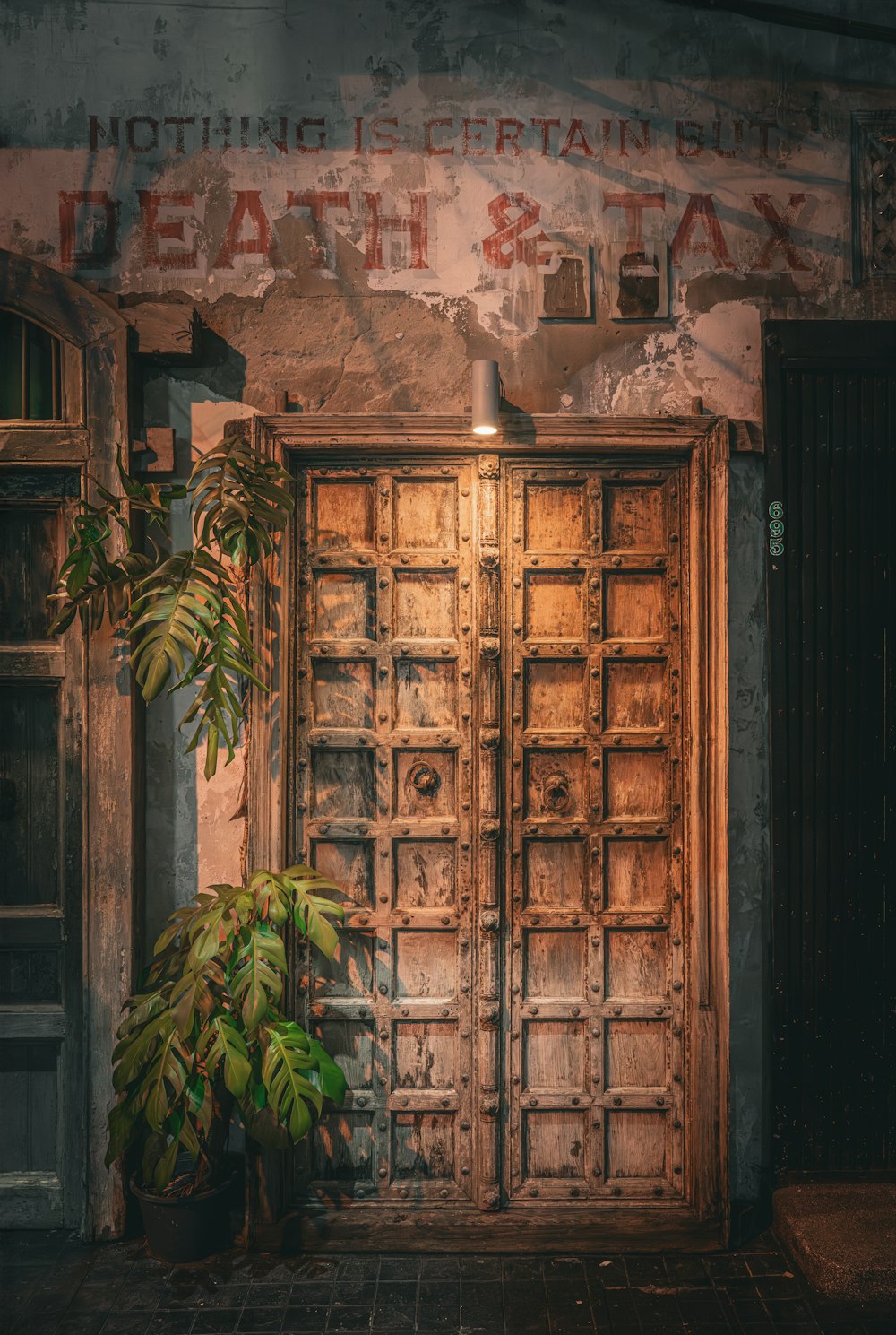 a large wooden door with a plant in front of it