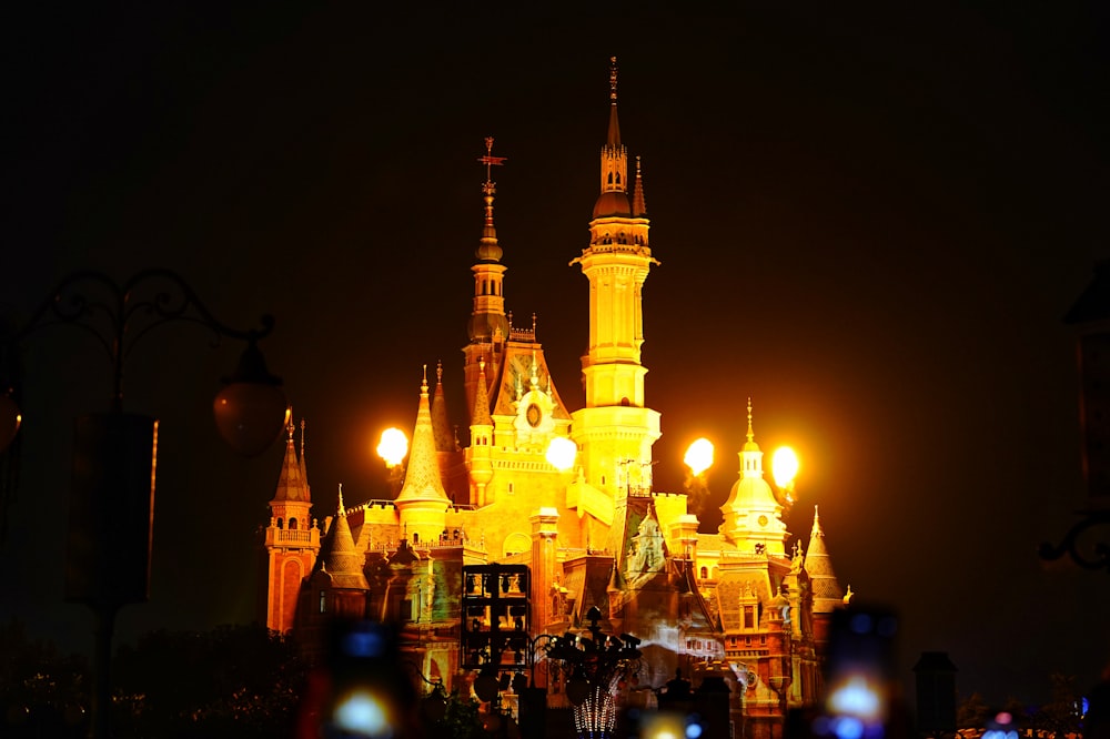 a castle lit up at night with street lights