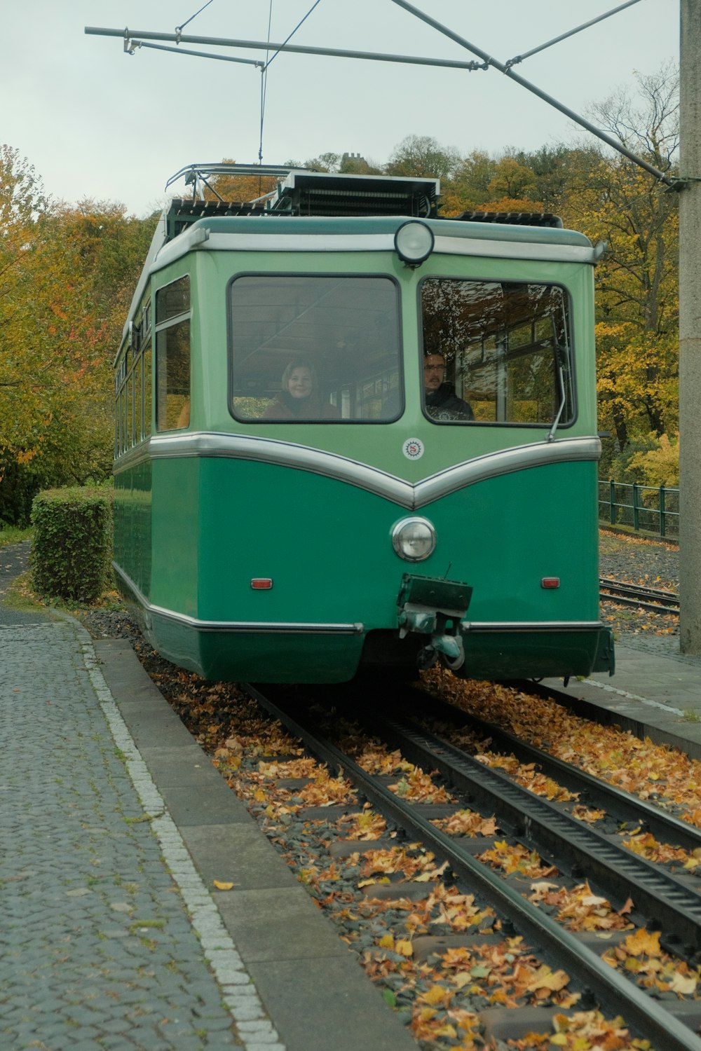 a green train traveling down train tracks next to a forest