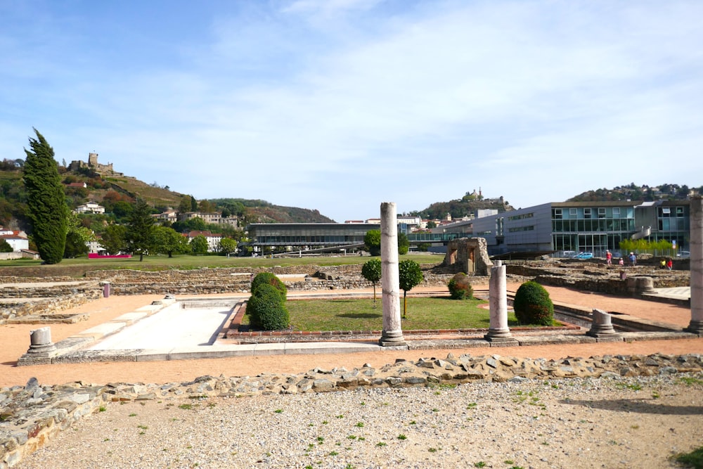 a view of a park with trees and buildings in the background