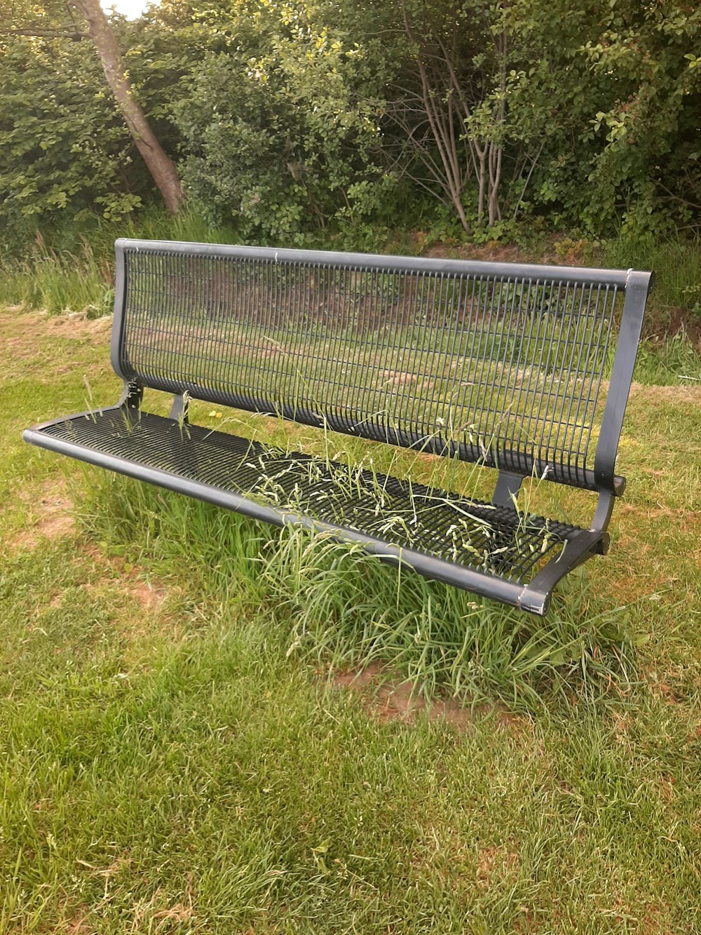 a metal park bench sitting in the middle of a field