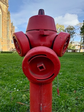 A bright red fire hydrant stands prominently on a green grassy area. In the background, there are a few trees and the partial view of a building with intricate brickwork. The sky is partly cloudy, providing a gentle contrast to the vivid colors.