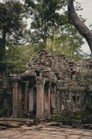 Ruins of a once-advanced civilization overtaken by nature’s reclaiming greenery.