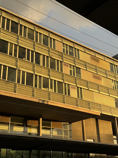 Sleek modern corporate office building with golden accents at dusk.