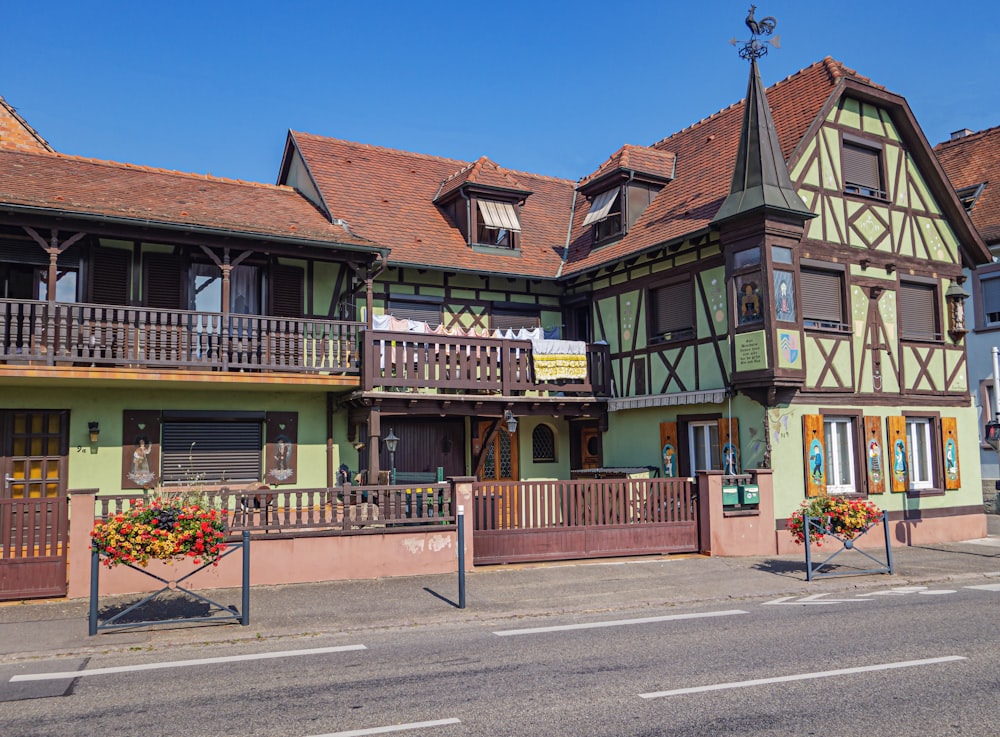 a row of multi - colored buildings on a city street