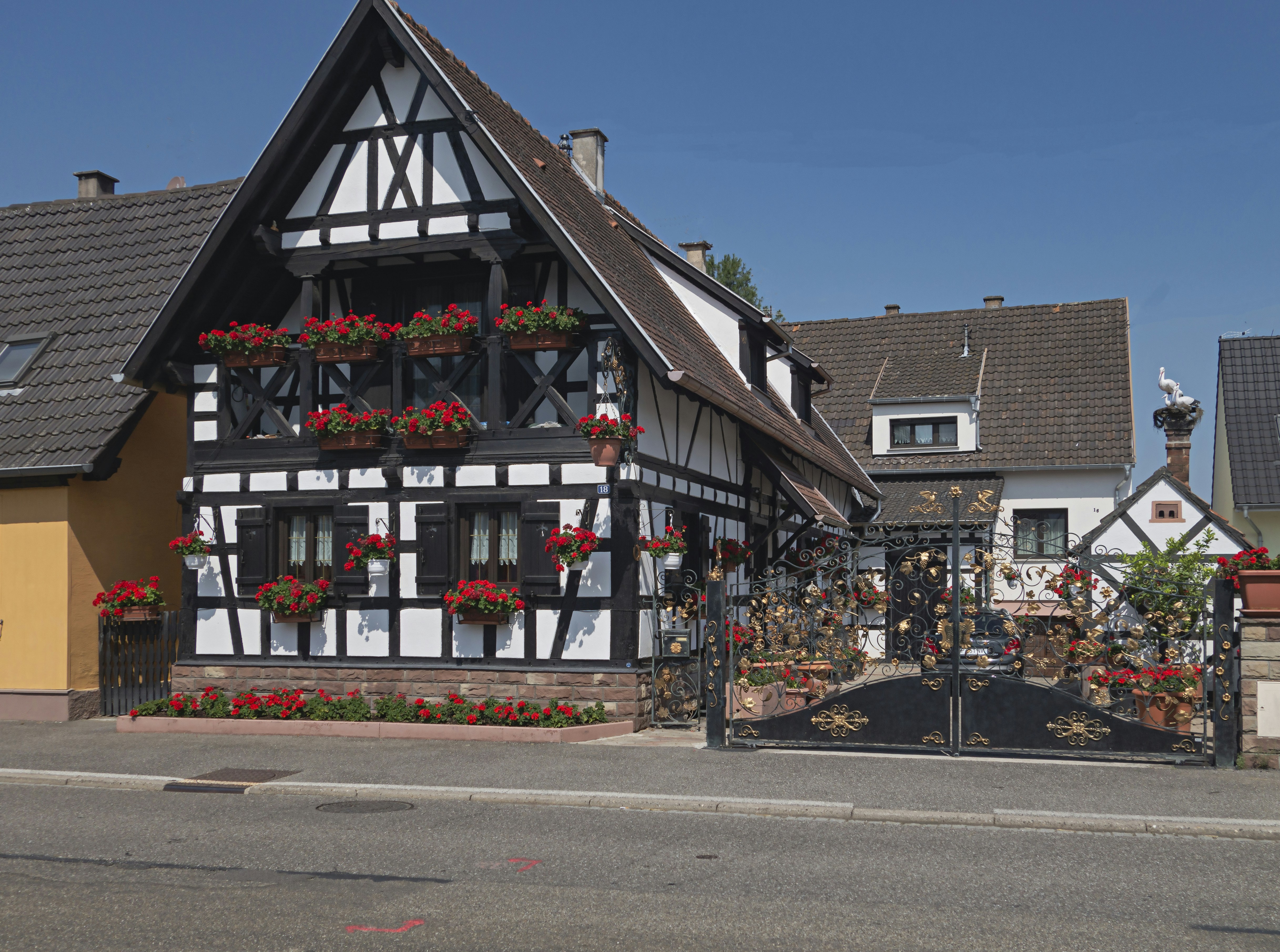 a black and white house with red flowers on it