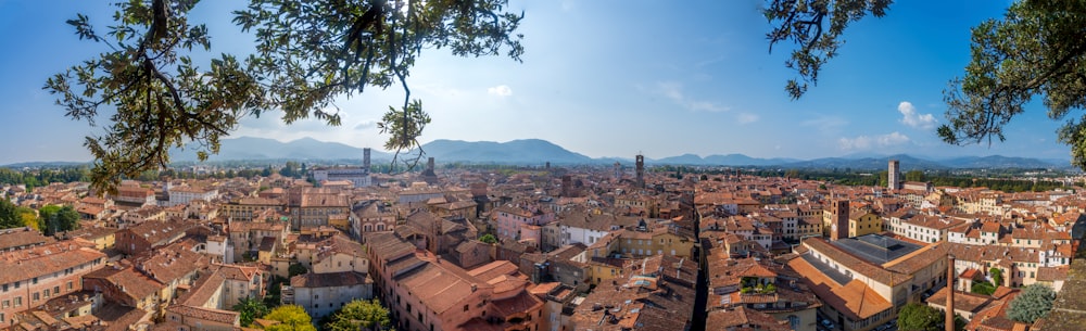 a panoramic view of a city with mountains in the background