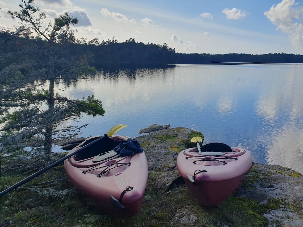 two pink kayaks sitting on the shore of a lake