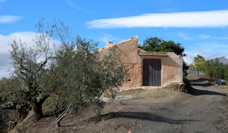 a dirt road with a small building on top of it