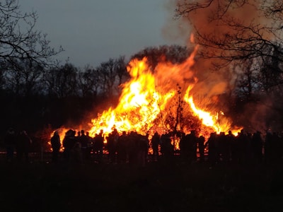 Guests enjoying a bonfire evening with warm lights and mountain backdrop.
