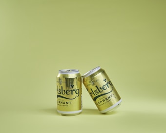 Two metallic cans with branding are positioned against a light green background. One can is slightly tilted and leaning against the other.