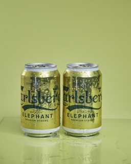 Two Carlsberg Elephant beer cans stand side by side on a flat surface, with visible condensation on their surfaces. The cans are predominantly gold with the Carlsberg logo and elephant imagery. The background is a solid, light green shade.