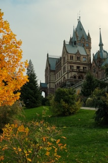 A picturesque scene featuring a historic castle with intricate architectural details and pointed towers. The foreground includes vibrant autumn foliage in bright yellows and oranges, complemented by a lush green lawn. Tall evergreen trees frame the castle, adding to the serene and natural ambiance.