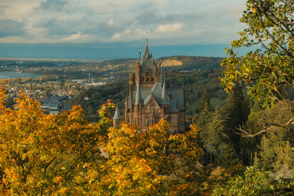 a view of a castle in the middle of a forest