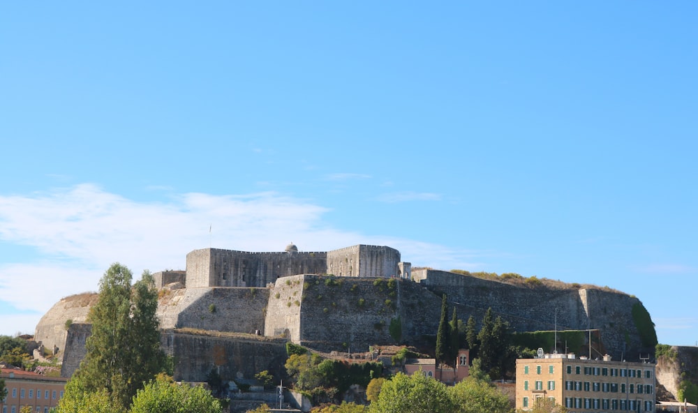 a castle on top of a hill surrounded by trees