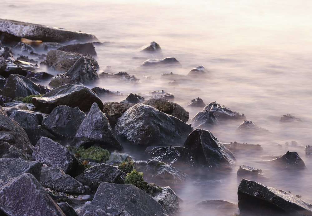 a bunch of rocks sitting on top of a beach