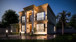An elegant new construction home featuring silver columns and dark patio decks at dusk.