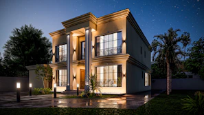 Luxurious modern villa exterior with evening lighting in Gurugram.