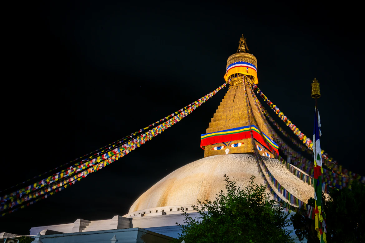 Prayer flags draping over Boudhanath Stupa