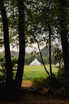 a tent is in the distance between two trees
