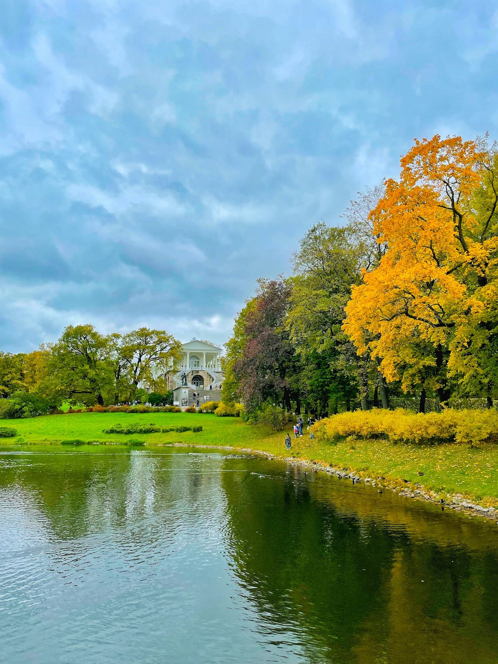 a large body of water surrounded by trees