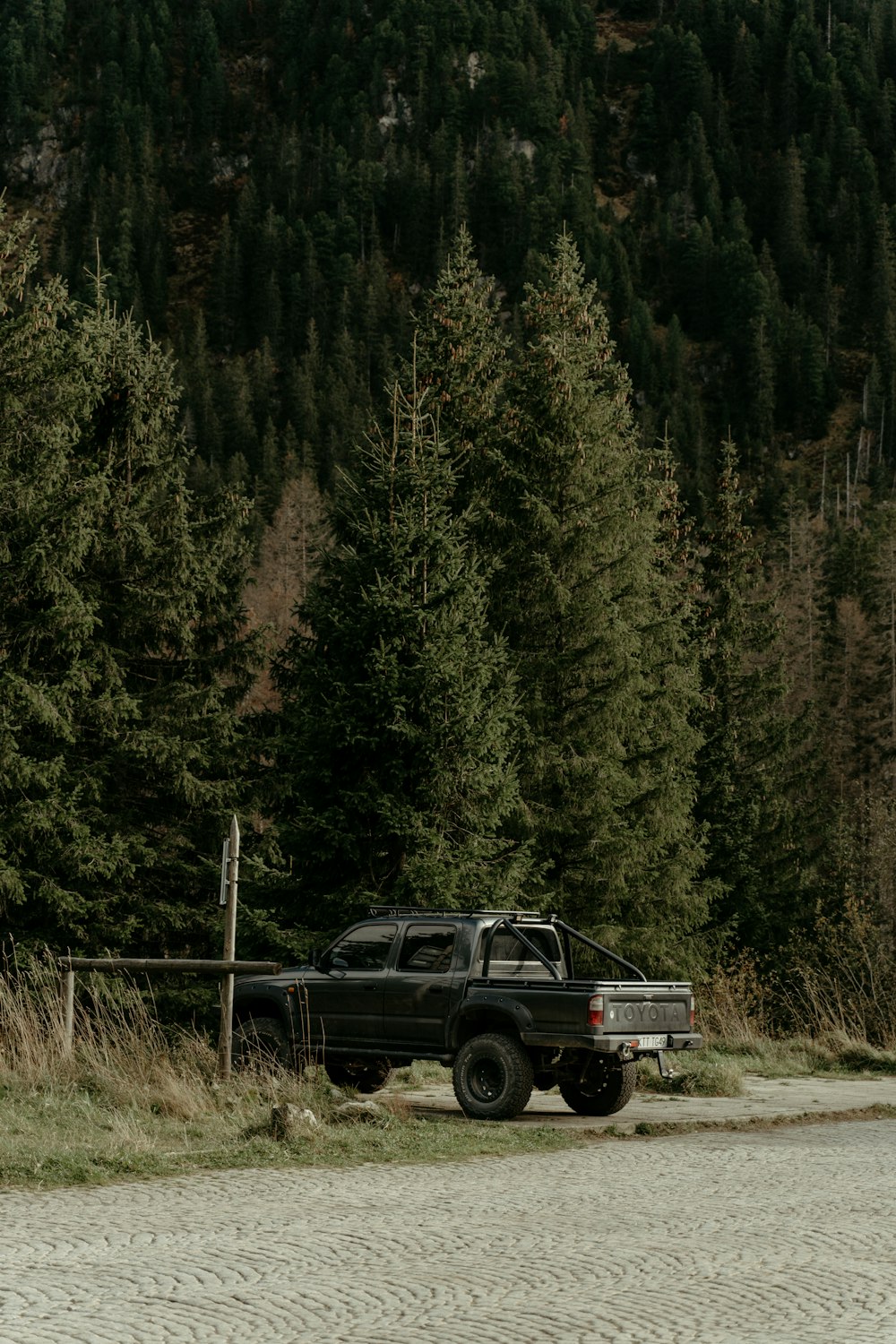 a black truck parked in front of a forest