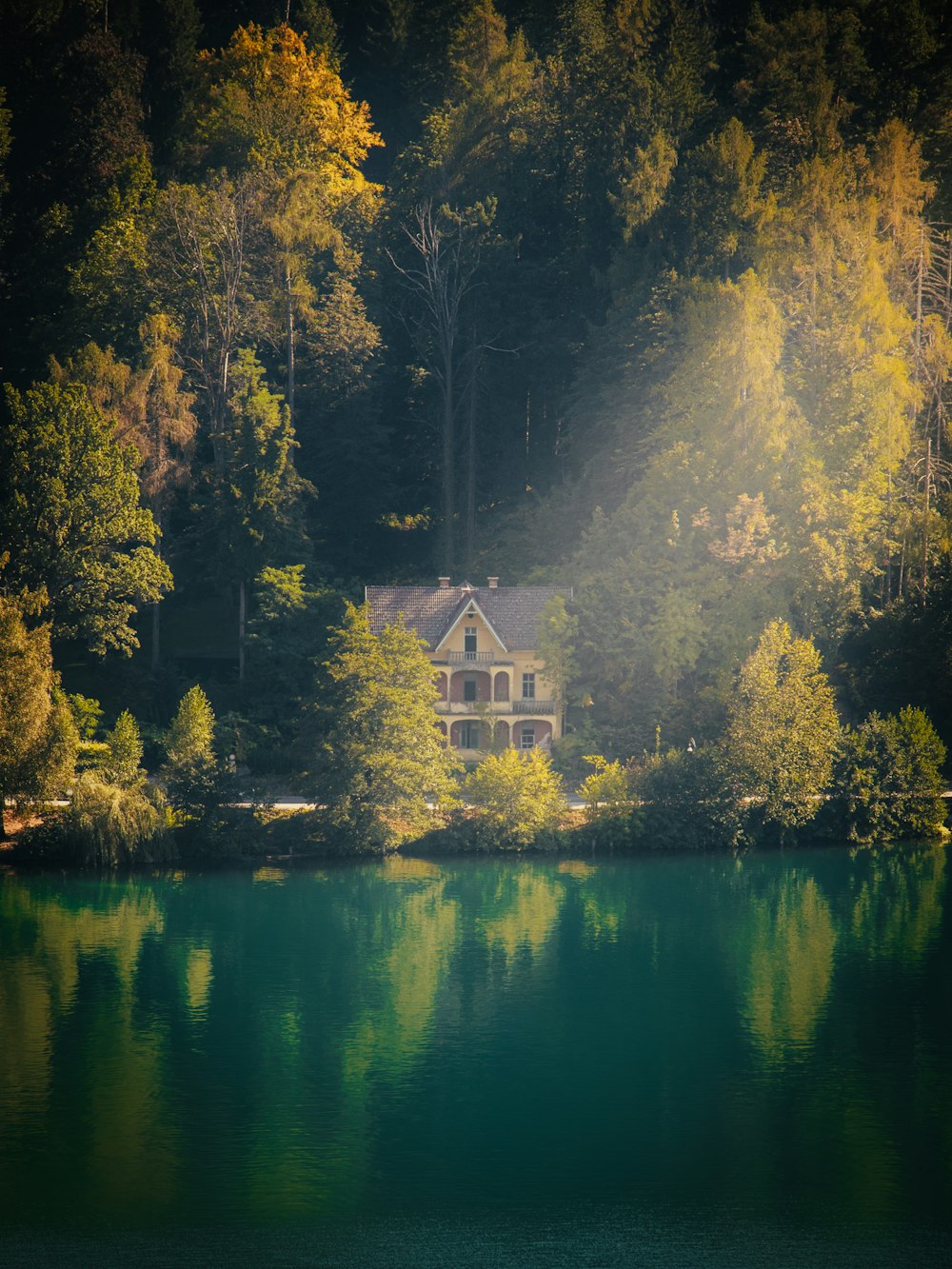 a house on the shore of a lake surrounded by trees