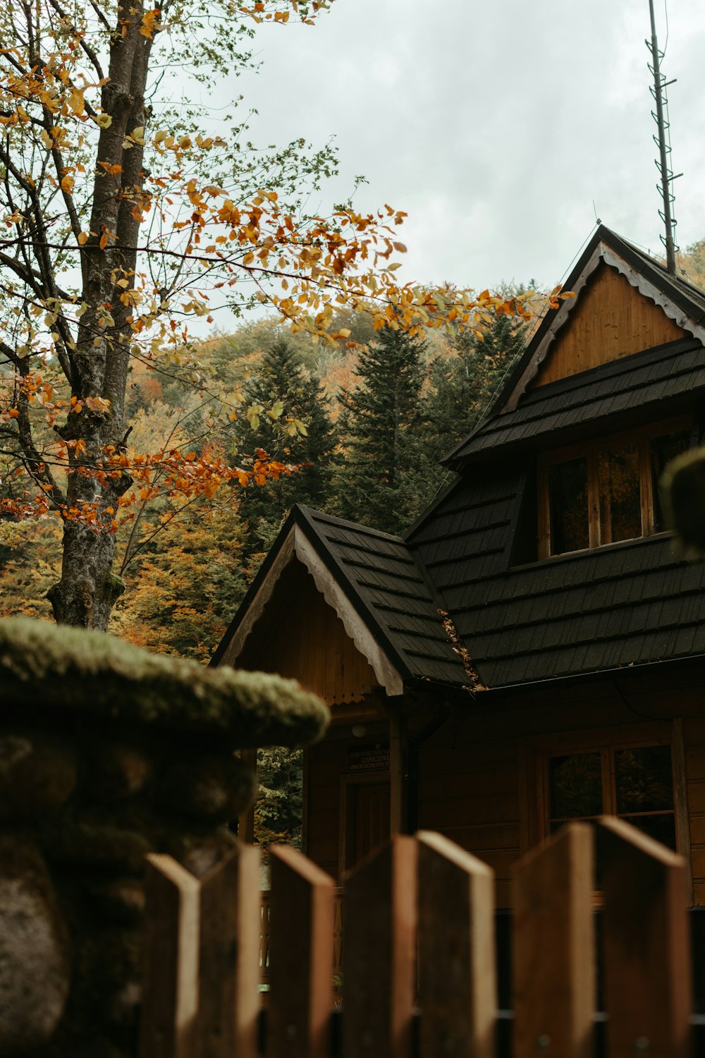 a house with a fence and trees in the background