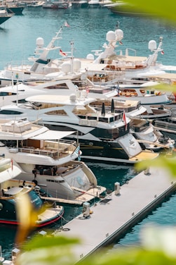 A marina filled with luxury yachts docked along the pier. The water is a clear blue and the scene is framed by vibrant green foliage. The yachts are sleek, with modern designs, and display various national flags.