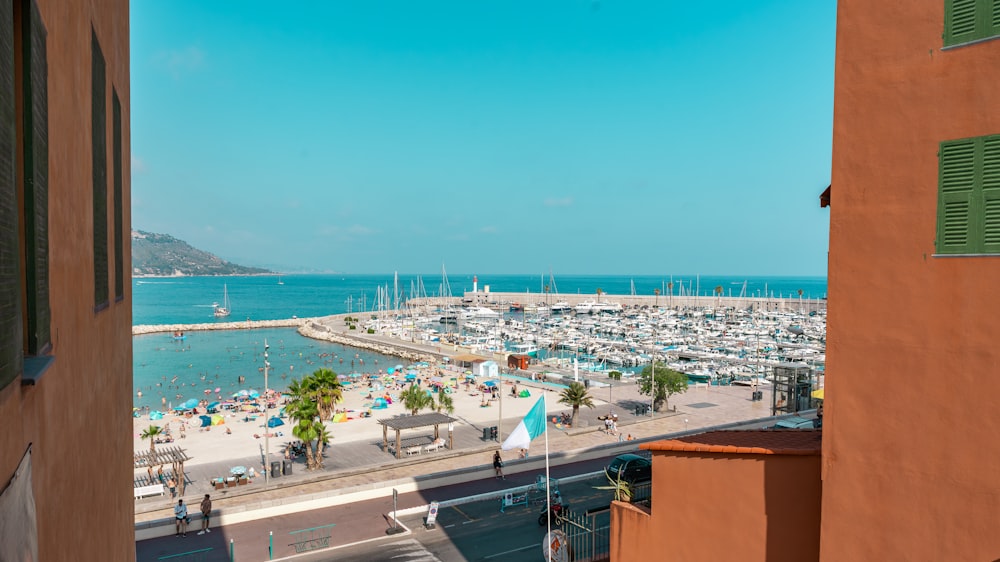 a view of a marina from a building