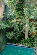 Close-up of natural wood textures and soft green foliage framing the pool’s edge under ambient lighting.