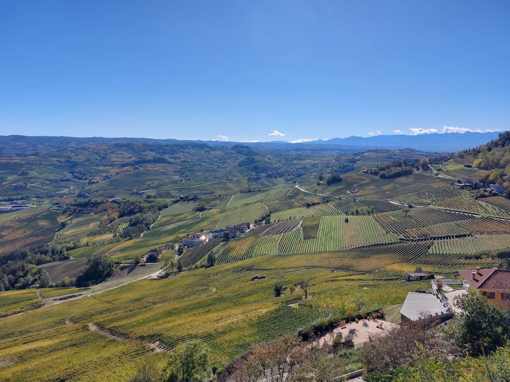 a scenic view of a green valley with mountains in the background