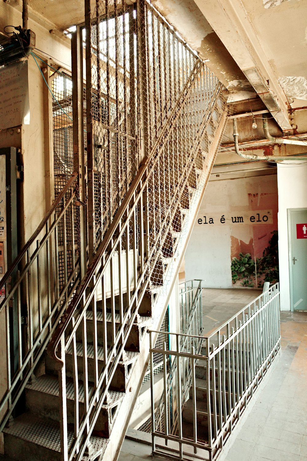 a set of metal stairs in a building