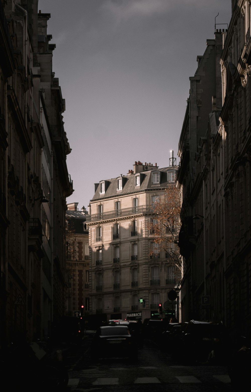 a city street lined with tall buildings under a cloudy sky