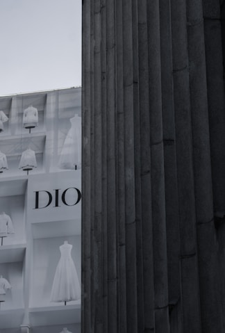 a tall building with a display of dresses on it's side