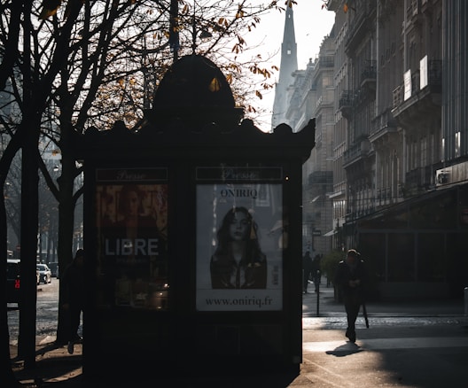 A street scene with a kiosk displaying advertisements in front of a row of Parisian-style buildings. The background features a tall, pointed church spire partially obscured by mist. Tree branches with sparse autumn leaves frame the scene, and a few pedestrians are visible, casting long shadows on the pavement.