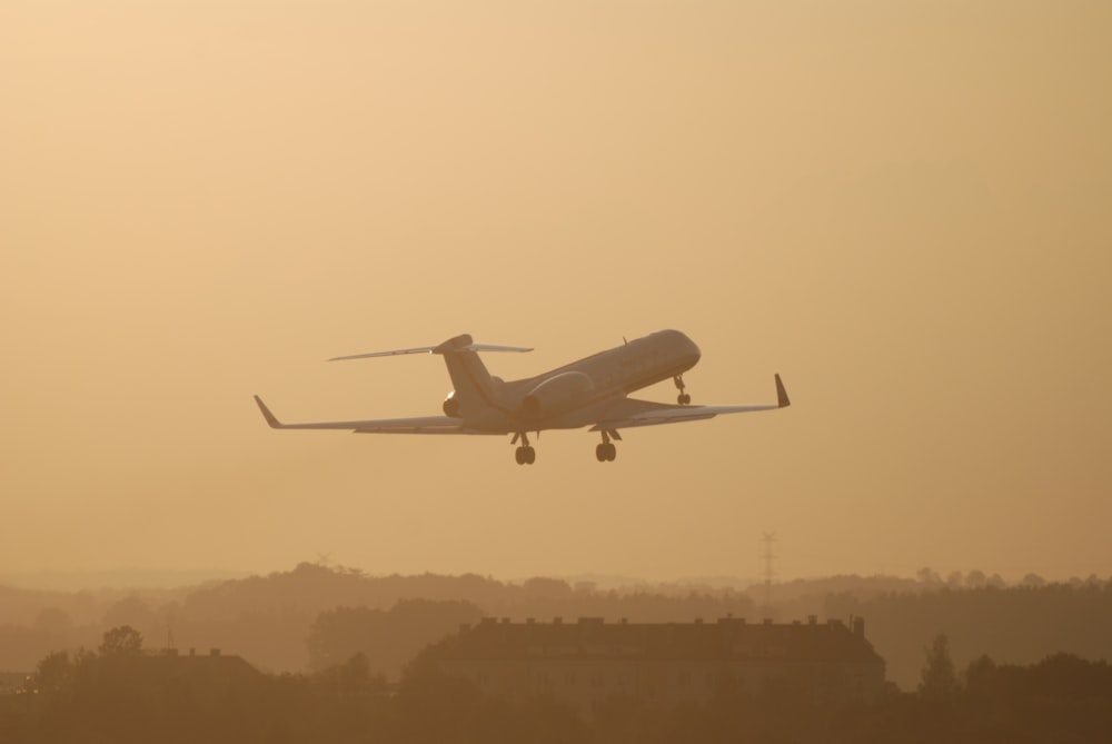 a large jetliner flying through a foggy sky