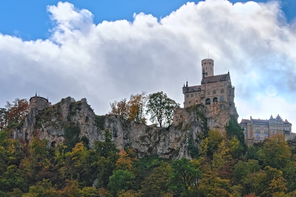 a castle on top of a mountain surrounded by trees