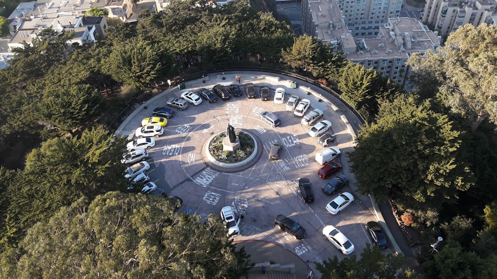 an aerial view of a parking lot in a city