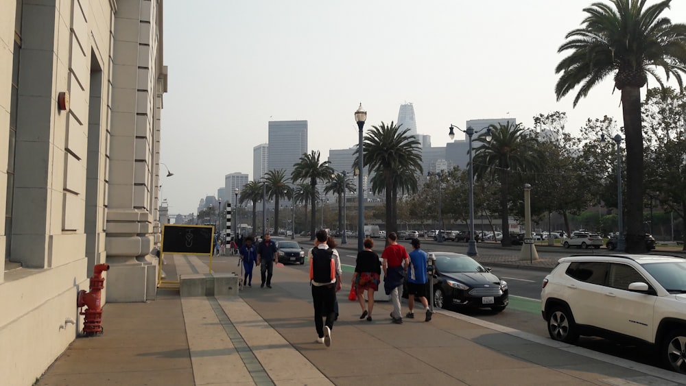 a group of people walking down a sidewalk next to palm trees